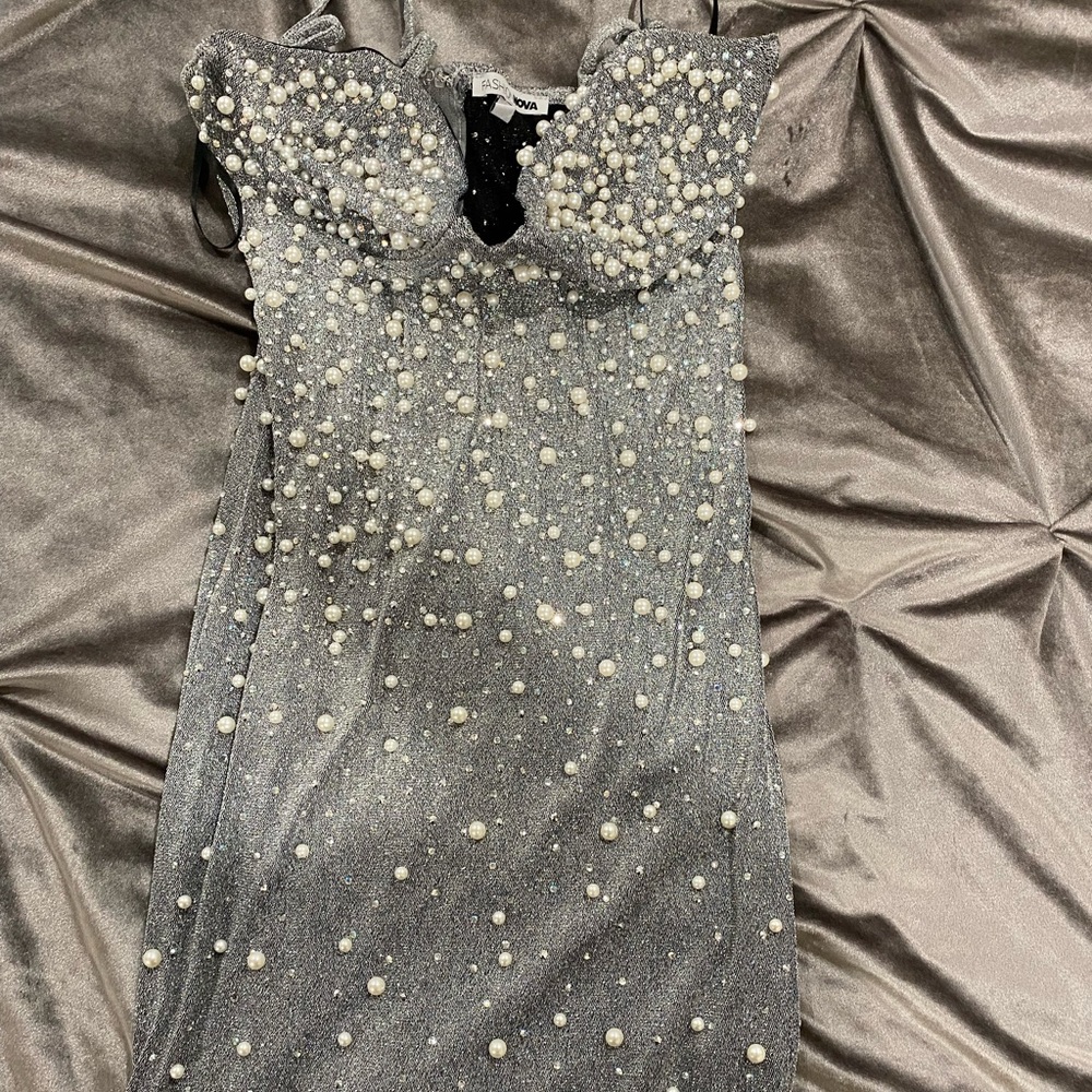 Feel the Pearls Mini Dress - Grey